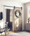 6.8FT Barn Door Hardware Kit with J Shape hanger installed in living room, sliding barn door track system with rustic wood panel