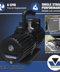 Powerful 6 CFM Spark Free Vacuum Pump For HVAC Pros Mastercool Black Series 90066 BL SF shown with HVAC and automotive applications.