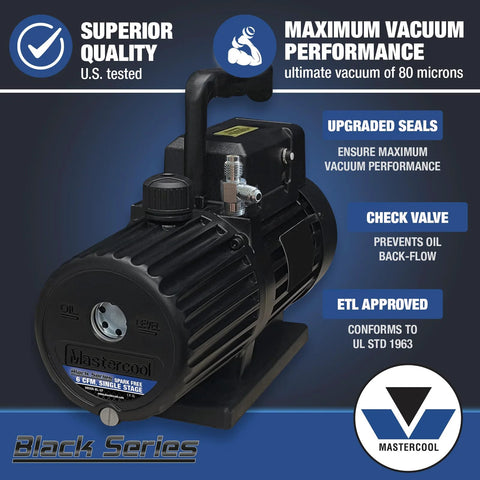 Powerful 6 CFM Spark Free Vacuum Pump For HVAC Pros Mastercool Black Series 90066 BL SF with thermally protected motor and seals