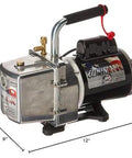 Front view of Six CFM Vacuum Pump DV6E with one half horsepower capacitor start motor, measuring 9x9x12 inches, featuring a large sight glass.
