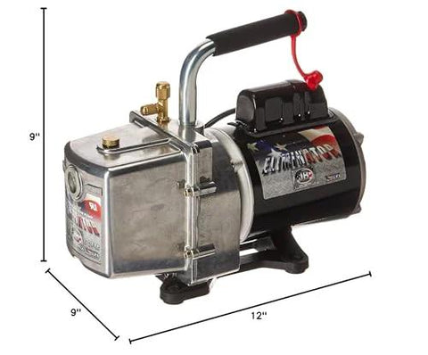 Front view of Six CFM Vacuum Pump DV6E with one half horsepower capacitor start motor, measuring 9x9x12 inches, featuring a large sight glass.