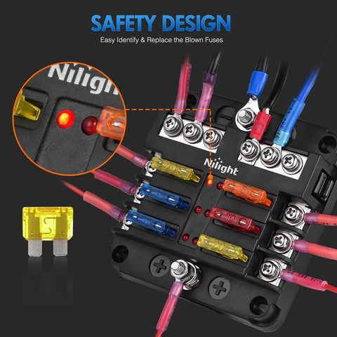 Six Circuit Blade Fuse Block With Negative Bus And LED Indicator Waterproof Cover For 12V Automotive Cars Marine Boats RVs Trailers