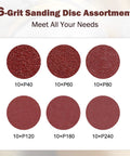 6-grit assortment of 9 Inch Hook And Loop Drywall Discs Set 60 Pieces 10 Holes 40 To 240 Grits, shown in packaging layout.