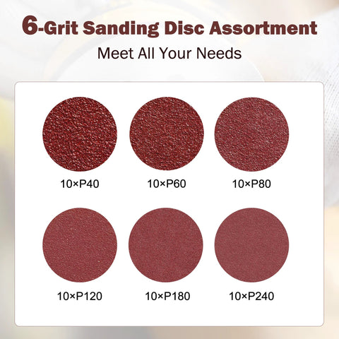 6-grit assortment of 9 Inch Hook And Loop Drywall Discs Set 60 Pieces 10 Holes 40 To 240 Grits, shown in packaging layout.