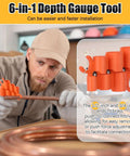 Man using 6-in-1 depth gauge tool for fitting copper tubing, highlighting 1/2-inch and 3/4-inch connection ends.