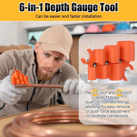 Man using 6-in-1 depth gauge tool for fitting copper tubing, highlighting 1/2-inch and 3/4-inch connection ends.