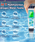 Hydrogen Water Tester Kit With PH ORP TDS EC Temperature And Dissolved Hydrogen Meter held over water surface