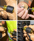 Hands using a 6-In-1 Stubby Screwdriver And Nut Driver with interchangeable shaft and 4 universal tips, working on electrical panel