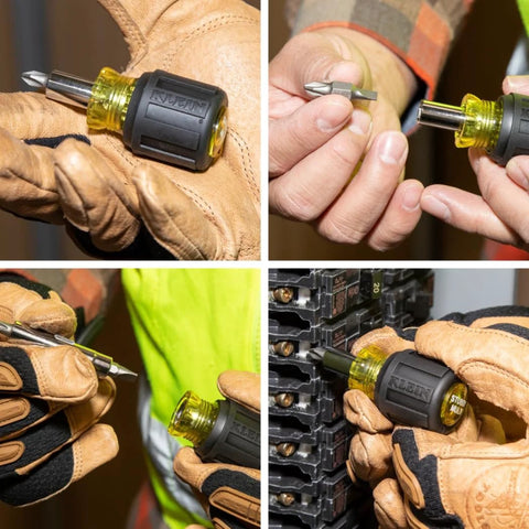 Hands using a 6-In-1 Stubby Screwdriver And Nut Driver with interchangeable shaft and 4 universal tips, working on electrical panel