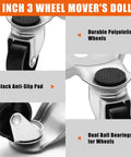 Close-up of 6 inch 3 wheel dolly with polyolefin wheels, black anti-slip pad, dual ball bearings for 12 Pcs Furniture Moving Dolly Set