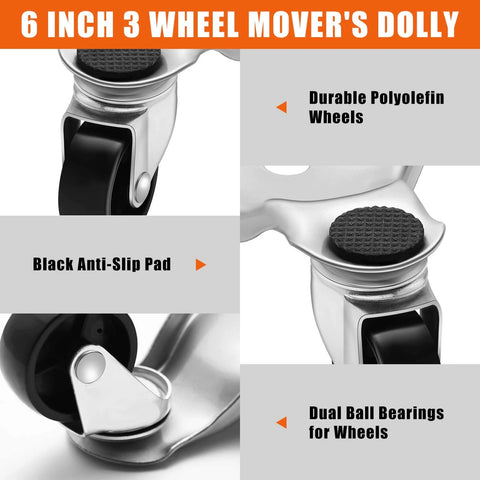 Close-up of 6 inch 3 wheel dolly with polyolefin wheels, black anti-slip pad, dual ball bearings for 12 Pcs Furniture Moving Dolly Set