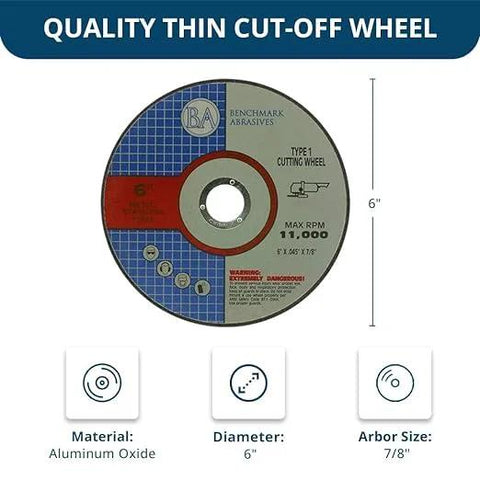6 Inch Aluminum Oxide Thin Type 1 Grinder Cut Off Wheels For Metal And Stainless Steel, 0.045 Inch Thick, 7/8 Inch Arbor