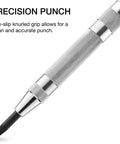 6 Inch Automatic Center Punch With One Handed Spring Impact Chrome Shank And S2 Steel Tip, non-slip knurled grip, precision tool
