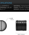 Backdraft Damper for 6 Inch Ducting With One Way Airflow and Spring Loaded Folding Blades for Range Hoods and Bathroom Fans AC Infinity Airtight Gasket Seal and Horizontal or Vertical Mount to Prevent Backflow and Debris shown in dimensions and material details.