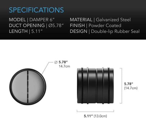 Backdraft Damper for 6 Inch Ducting With One Way Airflow and Spring Loaded Folding Blades for Range Hoods and Bathroom Fans AC Infinity Airtight Gasket Seal and Horizontal or Vertical Mount to Prevent Backflow and Debris shown in dimensions and material details.