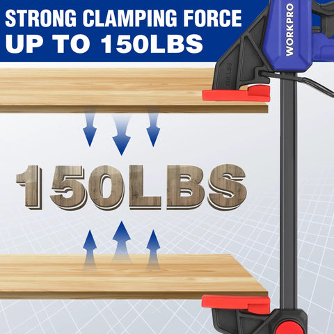 6 inch woodworking bar clamps with 150 lbs clamping force for home workshops, showcasing durable and strong hold by WORKPRO.