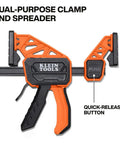 Speed Klamp 6 Inch Bar Clamp Set Two Pack With One Handed Operation And 150 Pound Clamping Power For Woodworking And Metal Projects Includes Clamp And Spreader With I Beam Bar Design By Klein Tools close-up of the clamp showing dual-purpose design and quick-release button