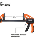 Speed Klamp 6 Inch Bar Clamp Set Two Pack With One Handed Operation And 150 Pound Clamping Power for woodworking, orange and black design