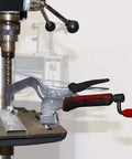 Beefy Pro Grade 6 Inch Bench Clamp With Non Marring Pad For T Tracks And Clamp Tables installed on a drill press