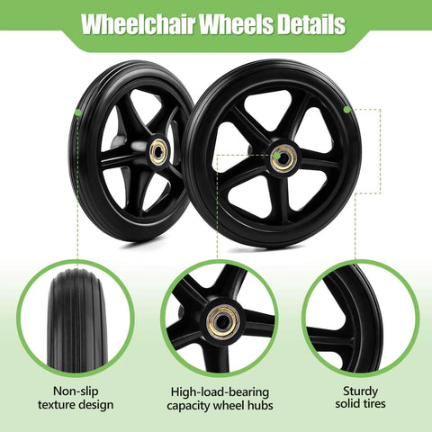 2 Pack 6 Inch Rubber Wheelchair Wheels Replacement for Walkers, Rollators, Wheelchairs, Durable Anti-Slip ABS Wheel Hub, Black