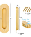 6 Inch Gold Recessed Finger Flush Pulls for Pocket Doors and Closet Doors, Sliding Barn Door Handle Hardware in Brushed Gold Stainless Steel, Oval Door Pulls, 4 Pack, Heavy Duty Rust Resistant Doors Accessory, front and side view with dimensions.