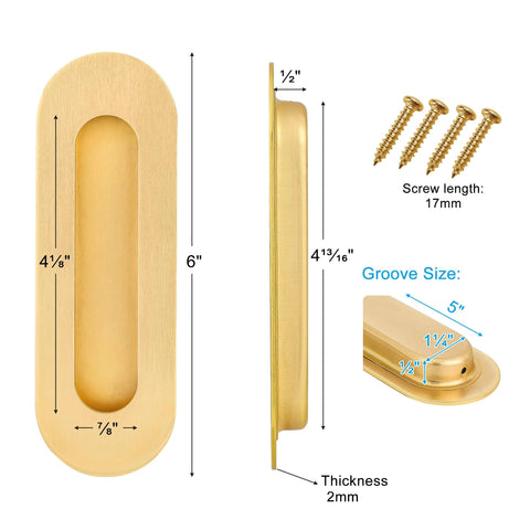 6 Inch Gold Recessed Finger Flush Pulls for Pocket Doors and Closet Doors, Sliding Barn Door Handle Hardware in Brushed Gold Stainless Steel, Oval Door Pulls, 4 Pack, Heavy Duty Rust Resistant Doors Accessory, front and side view with dimensions.