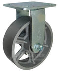 Close-up of a BBQ Pit 6" Steel Caster Kit with Mounting Hardware, 5,000 Lbs. Total Capacity, showing metal wheel and mounting plate.