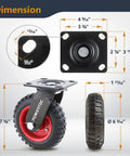 Dimension details of 6 inch caster wheels set of 8 with heavy duty rubber knobby tread, including 4 swivel casters and 4 fixed casters.