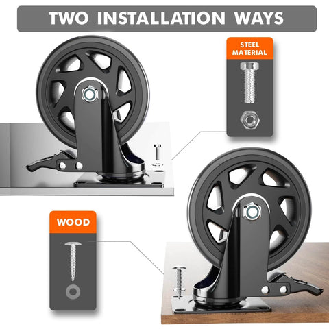 6 Inch Heavy Duty Caster Wheels Set of 4 with locking industrial swivel top plate design showing two installation ways for steel and wood.