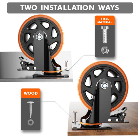 6 Inch Heavy Duty Caster Wheels Set of 4 with locking industrial swivel top plate design installation methods on steel and wood.
