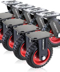 6 inch caster wheels set of 8 with heavy duty rubber knobby tread, 4 swivel casters and 4 fixed casters displayed in a row.