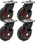 6 Inch Outdoor Heavy Duty Caster Wheels Set of 4 with Brakes, Large Rubber Swivel Casters 1800 lbs C, steel core, black and red design.