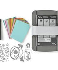 All In One 6 Inch Die Cutting And Embossing Machine Starter Kit with dies, embossing folder, cardstock, and accessories, top view