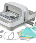 All In One 6 Inch Die Cutting And Embossing Machine Starter Kit for crafters with dies, embossing folder, and cardstock, front view.