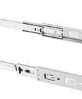 Silver 6 inch full extension drawer slides with quiet operation and 3 section ball bearing design, side mounted, heavy duty.