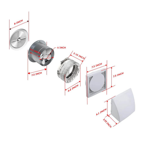 Components of Best Value 6 Inch Through Wall Exhaust Fan For Bathroom Or Kitchen With Retractable Duct Quini 80 CFM displayed