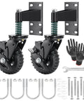 Two Pack 6 Inch Fence Gate Wheels With Brake For Metal Or Wood Gates Heavy Duty Gate Casters Sliding Hardware 500 Pound Capacity 360 Degree Rotation Spring Loaded Includes Mounting Hardware And Gloves.