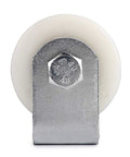 Front view of 6 Inch Slide Gate Guide Roller With Post Welded Bracket In White, UHMW Hard Nylon Roller With Sealed Ball Bearings.