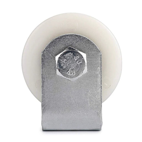 Front view of 6 Inch Slide Gate Guide Roller With Post Welded Bracket In White, UHMW Hard Nylon Roller With Sealed Ball Bearings.