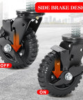 Two Pack 6 Inch Fence Gate Wheels With Brake For Metal Or Wood Gates Heavy Duty Gate Casters Sliding Hardware 500 Pound Capacity 360 Degree Rotation Spring Loaded Includes Mounting Hardware And Gloves, showing side brake design with on and off positions.
