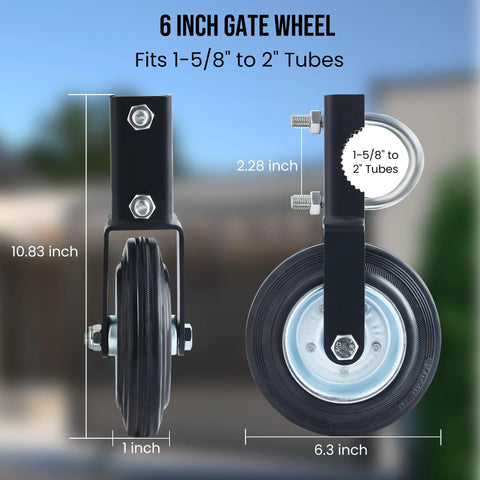 6 Inch Heavy Duty Swing Gate Wheel For One And Five Eighths To Two Inch Tubes 550 lb capacity, black steel frame and rubber wheel