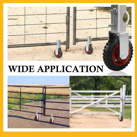 6 Inch Gate Wheel Set For Farm Gates, 2 Pack Gate Support Wheels installed on farm and garden gates, preventing sagging.