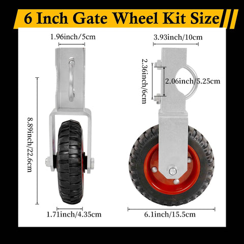 Detailed view of 6 Inch Gate Wheel Set For Farm Gates, 2 Pack Gate Support Wheels With Adjustable Under Mount Caster