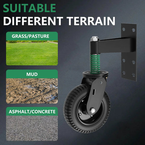 6 Inch Heavy Duty Gate Wheel With Spring Loaded Caster 360 Degree Swivel Fence Wheel 500 Lb Capacity shown on grass, mud, and asphalt