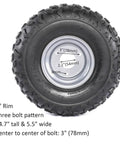 Set Of 4 ATV Go Kart Tires 145/70-6 With 6 inch Wheels Rims, detailed view of tire dimensions and three bolt pattern.