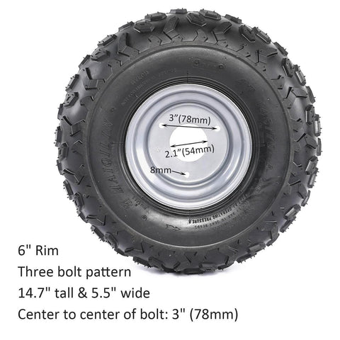 Set Of 4 ATV Go Kart Tires 145/70-6 With 6 inch Wheels Rims, detailed view of tire dimensions and three bolt pattern.