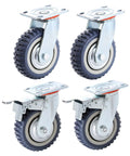 6 Inch Heavy Duty Plate Casters Set Of 4 With 360 Degree Swivel And Ball Bearing For Quiet Operation 200 Kg Per Wheel 600 Kg Total Load Rust Proof PU Wheel And Iron Bracket 2 With Brake Lock And 2 Without, visible from side and front angles