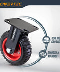 6 inch caster wheels set of 8 with heavy duty rubber knobby tread, showcasing a single swivel caster with black and red design.