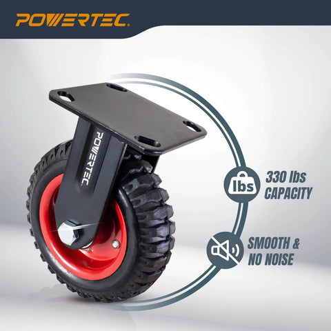 Heavy duty 6 inch caster wheel with rubber knobby tread, showcasing smooth motion and stability, 330 lbs capacity, Powertec brand.