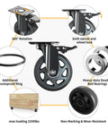 6 Inch Heavy Duty Caster Wheels Set of 4 with locking industrial swivel top plate design showing 360° rotation features and dustproof ring.